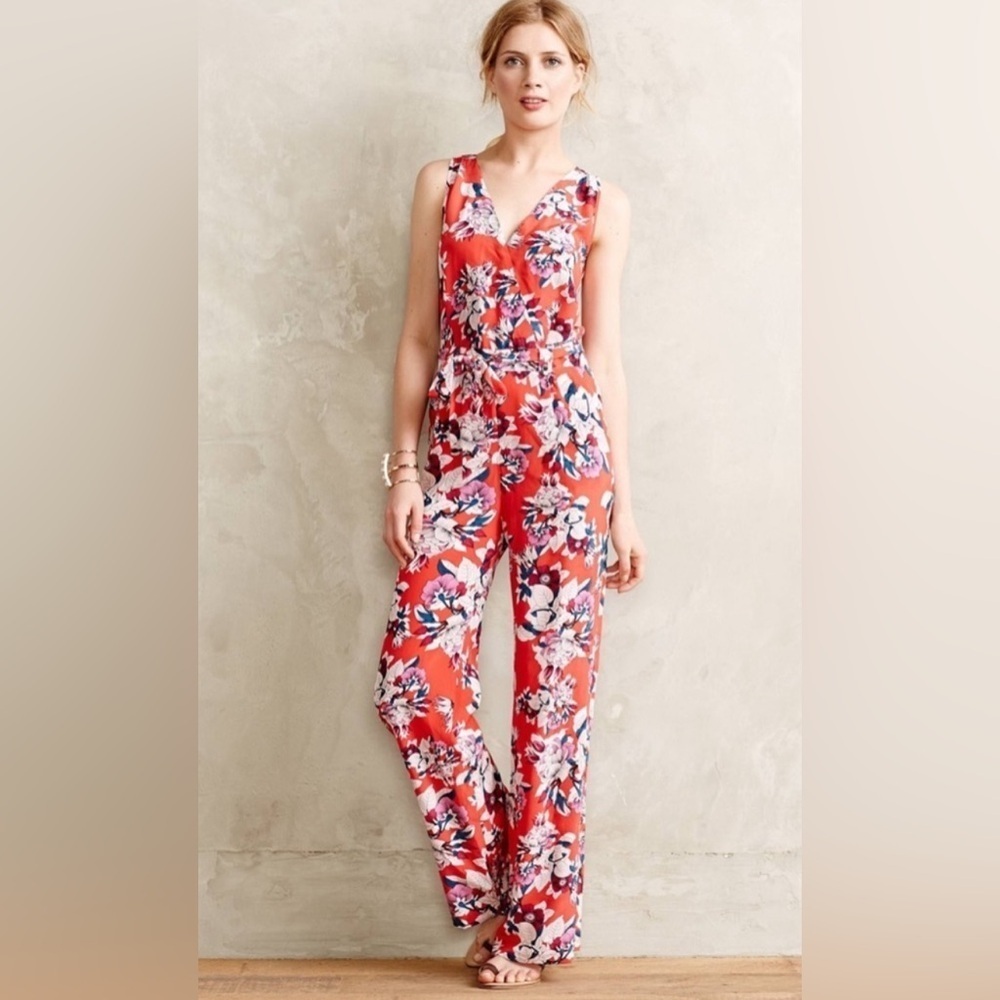 NEW! Anthropologie Yumi Kim Floral 100% Silk Jumpsuit Sleeveless Red XS